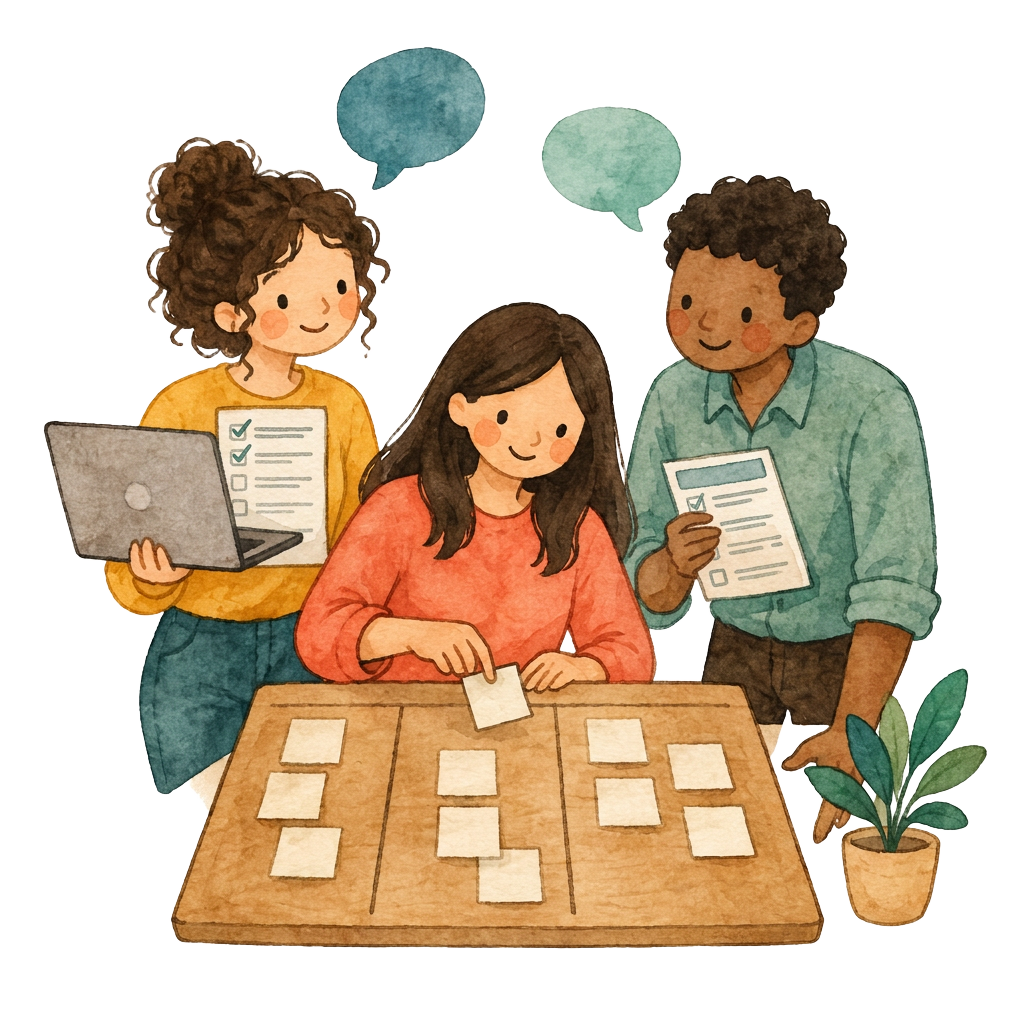 Illustration of a charity team collaborating around a shared task board