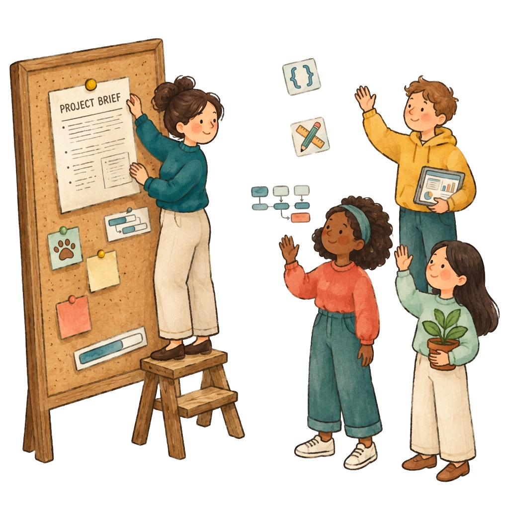 Illustration of a charity organiser pinning a project to a board while volunteers gather