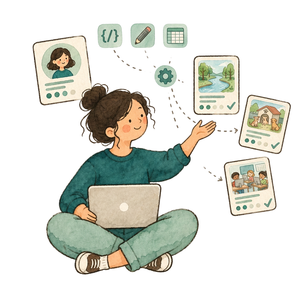 Illustration of a volunteer being matched with charity project cards